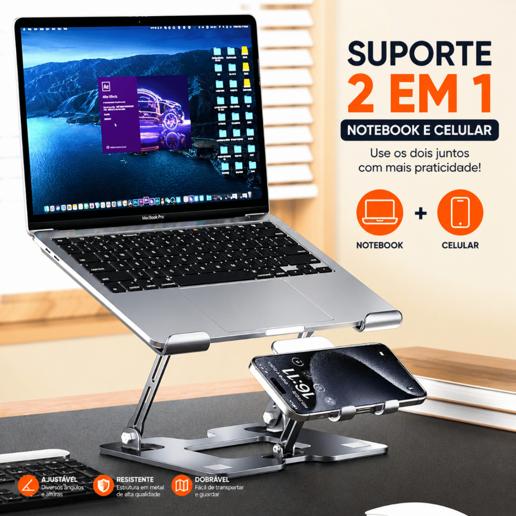 Suporte Para Notebook Alumínio Ajustável Dobrável 2 em 1 Base Laptop Celular
