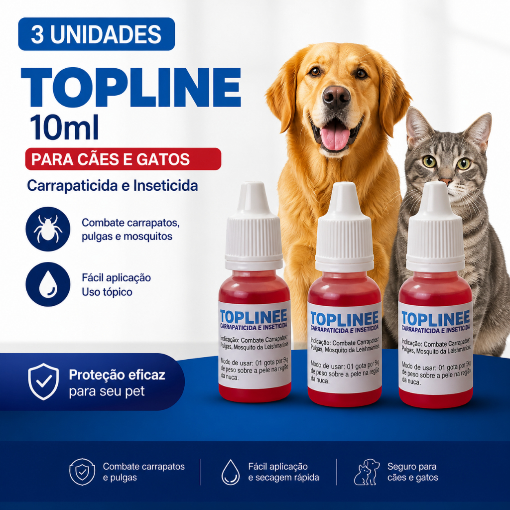 3x Topline 10ml Poderoso Antipulgas e Carrapatos Cães e Gatos