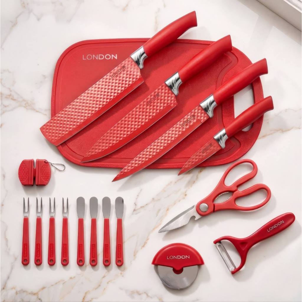 Conjunto Faca Inox 17 Peças Com Cabo Reforçado Aço Carbono Descascador Tesoura Cutelo Carne Legumes London