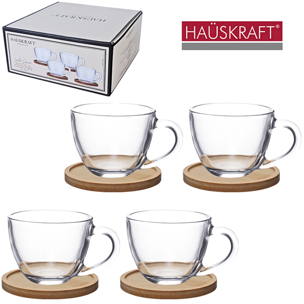 JOGO XICARA VIDRO CRISTAL + (PORTA COPO) SUPORTE BAMBU CAFE LINHA SERVIR MONACO HAUSKRAFT 8 PECAS
