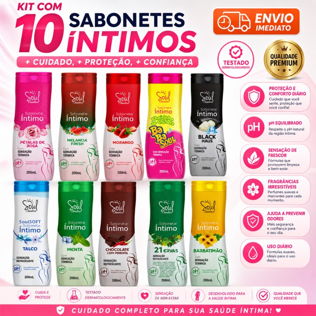 KIT 10 SABONETES INTIMOS , PH EQUILIBRADO, SENCAÇÃO RESFRESCANTE , PROTEÇÃO E FRESCOR DERMATOLOGICAMENTE TESTADO