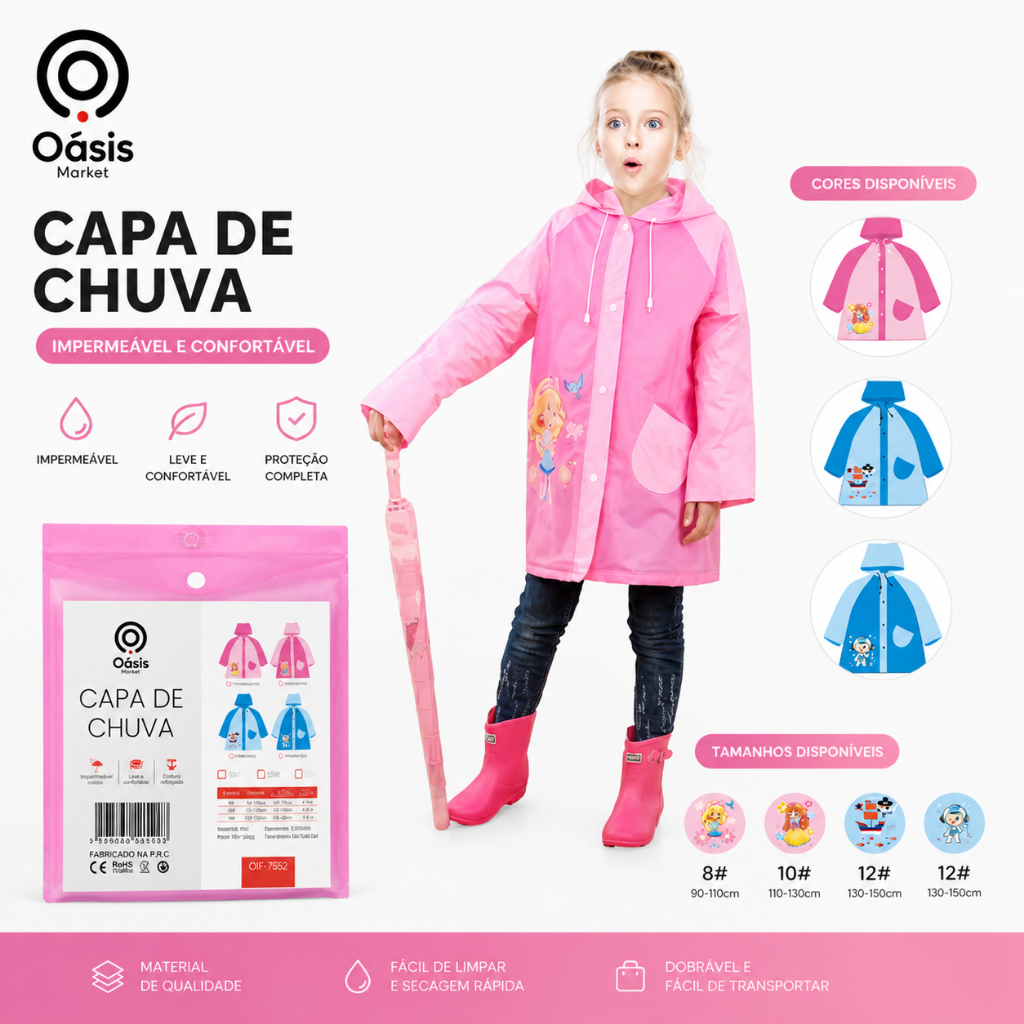 Capa de Chuva Infantil Impermeável PVC com Capuz Criança Unissex Escolar