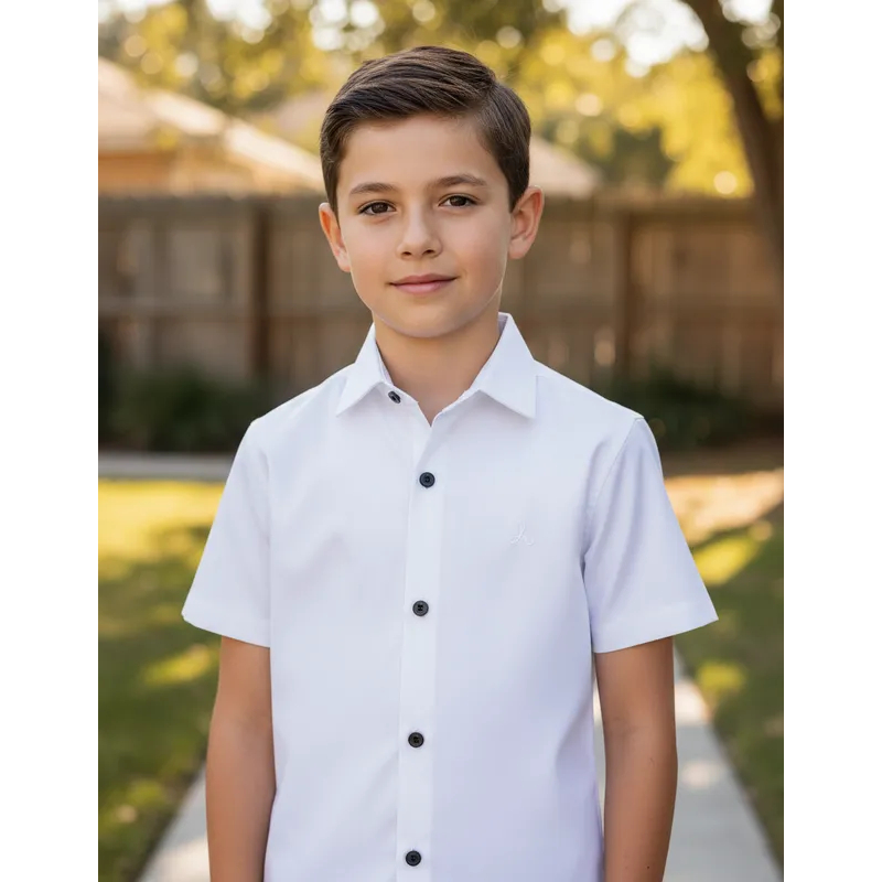 Camisa Social Branca Manga Curta Infantil Juvenil Masculino Alfa