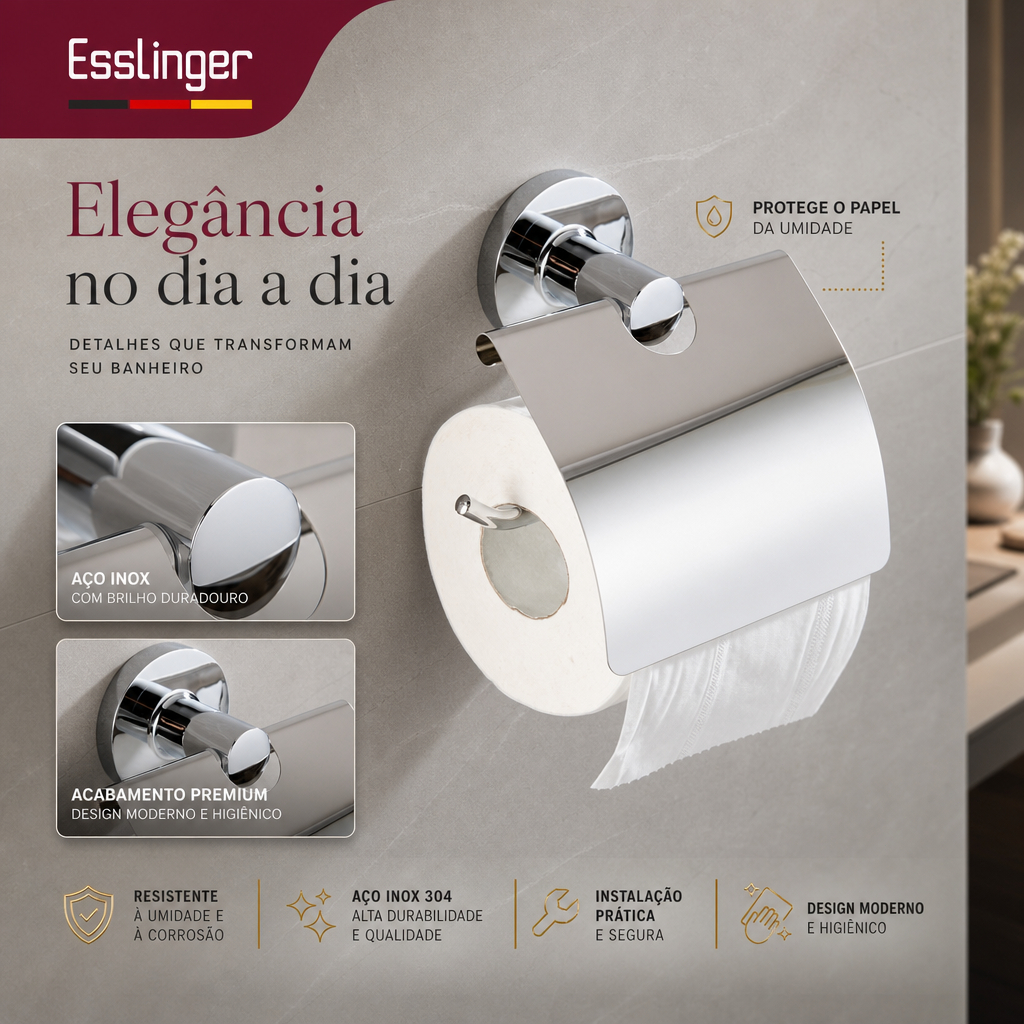 Suporte Porta Papel Higiênico de Parede em Aço Inoxidável com Tampa Anti-Água para Banheiro Cromado Anti-Ferrugem