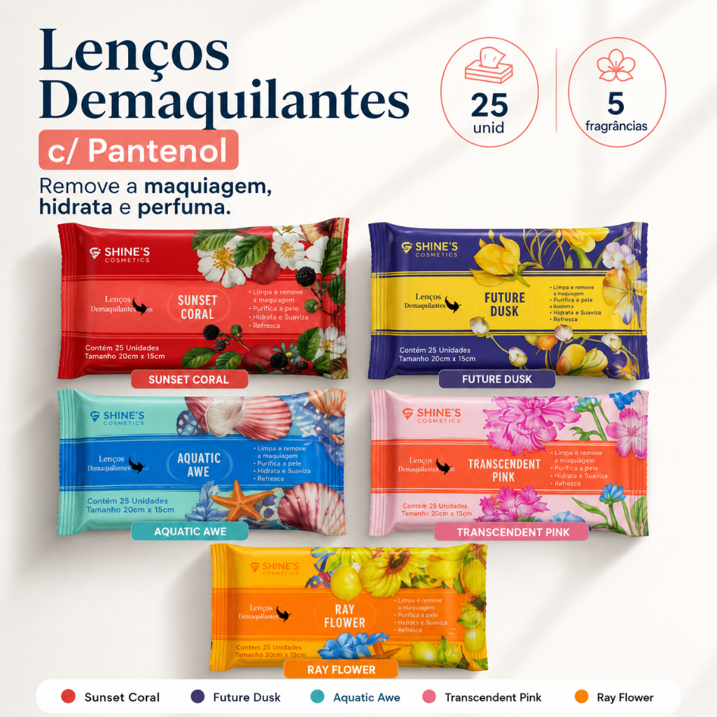 Lenço Demaquilante Pantenol 25unidades Removedor de Maquiagem Shine's