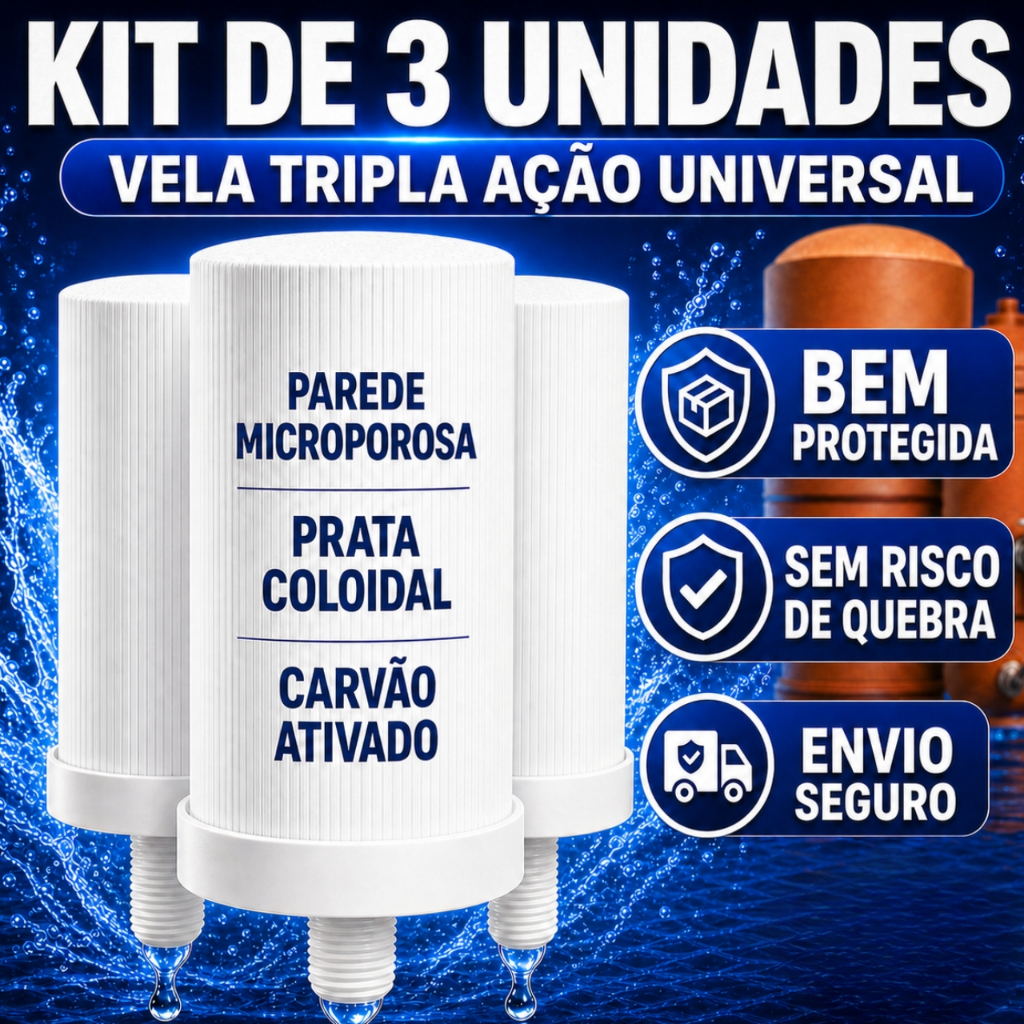 Kit 3 Velas Filtro de Barro Acqua Azzurra Tripla Ação Universal Refil Purificador Água