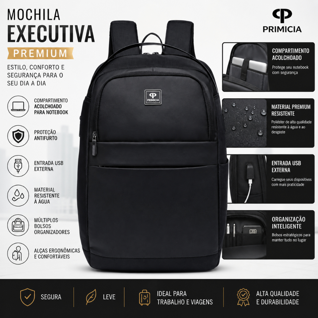Mochila Executiva Antifurto USB Notebook 15.6 Resistente Masculina Feminina Trabalho Viagem