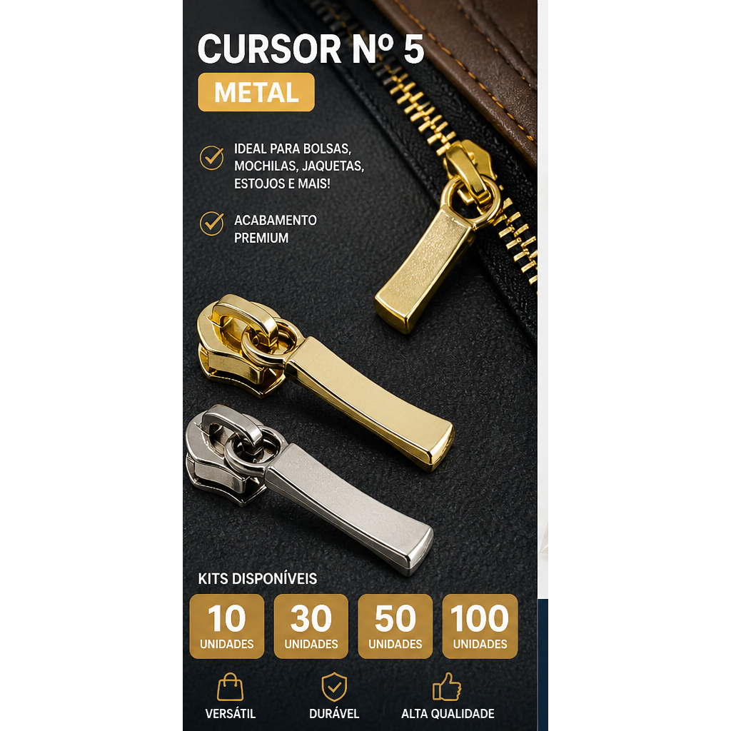 Cursor Palito para Zíper Nº 5 Metal Dourado e Niquelado Alta Qualidade