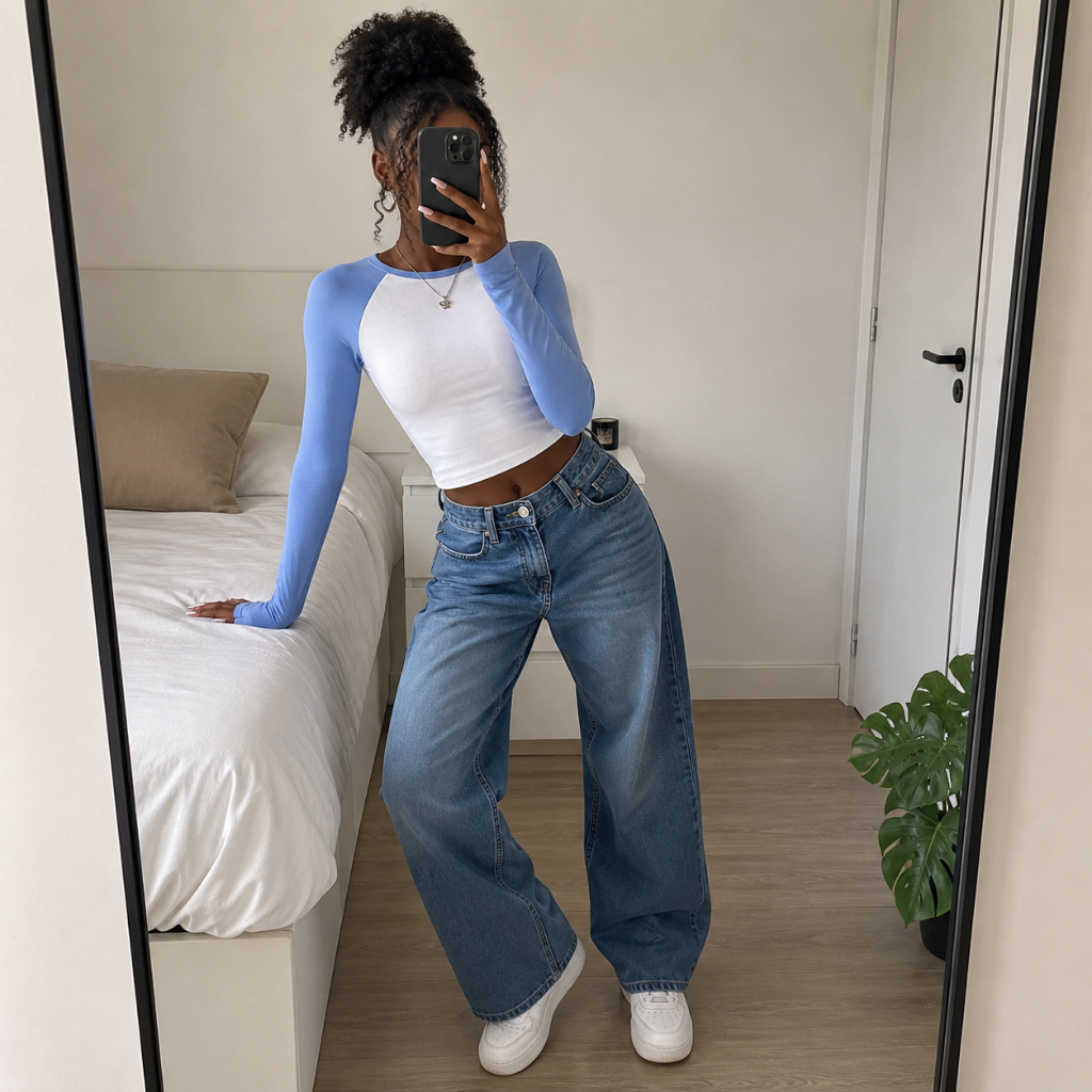 Blusa Cropped Manga Longa Moda Gringa Raglan Baseball Clean Girl Y2K