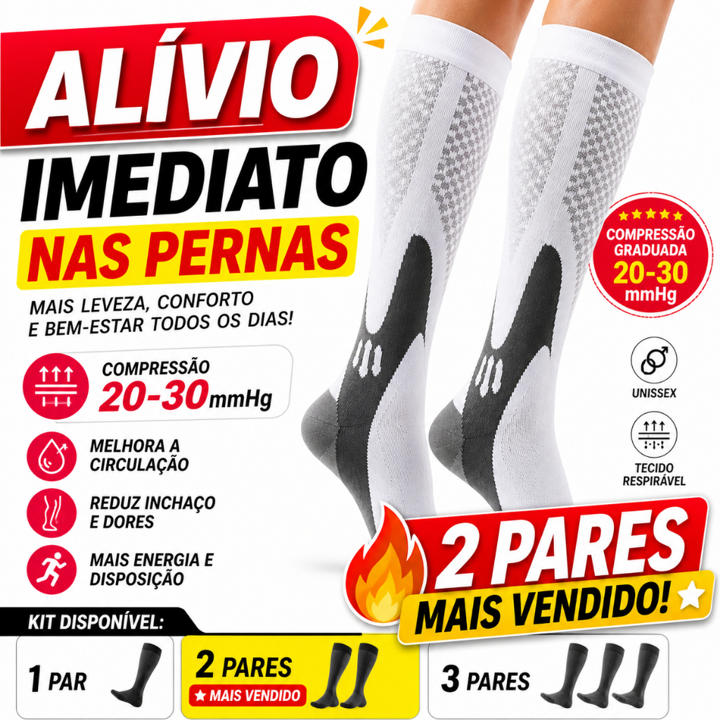 Meia de Compressão 20-30mmHg Unissex | Anti Inchaço, Varizes e Dor nas Pernas | Kit 1, 2 ou 3 Pares
