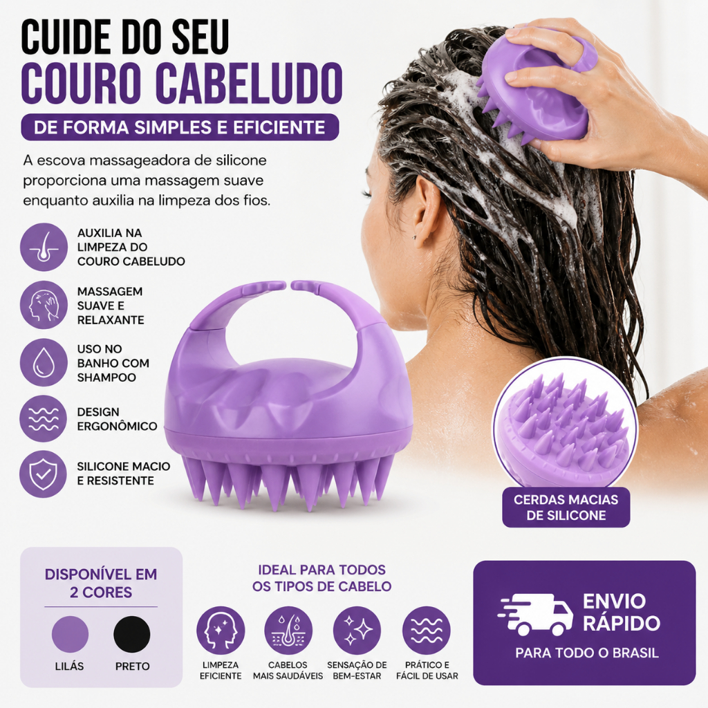 Escova de Silicone para Shampoo Massagem Capilar Limpeza do Couro Cabeludo
