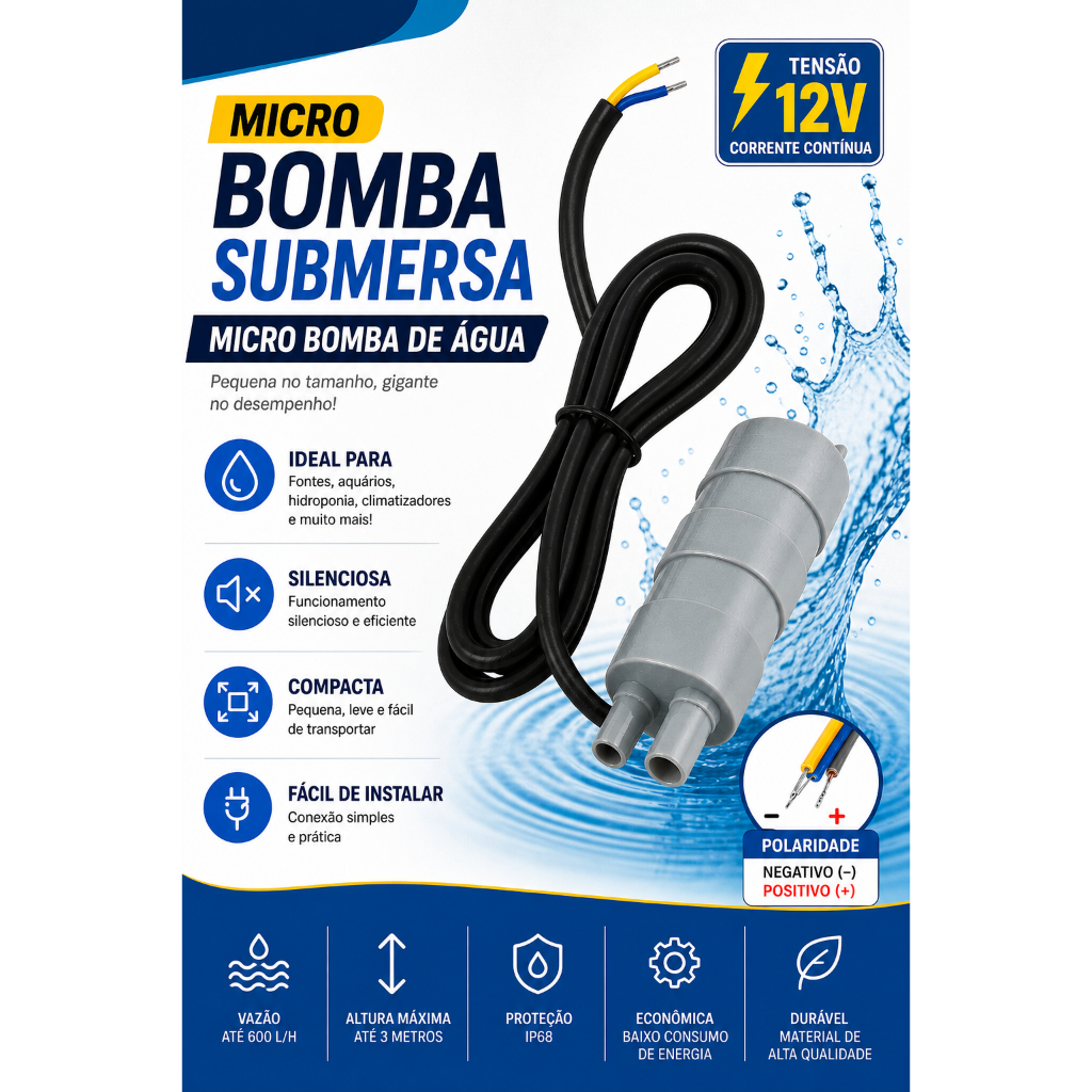 Mini Bomba de Água Submersível Aquários Vazão 600L/H DC12V 17 Watts Camping Liga Bateria 12v Carro