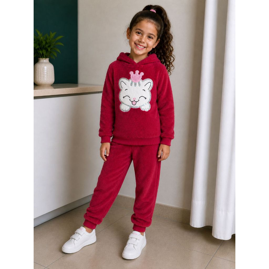Conjunto Infantil Feminino Plush Soft Peluciado Gatinha com Capuz – Super Quentinho e Confortável