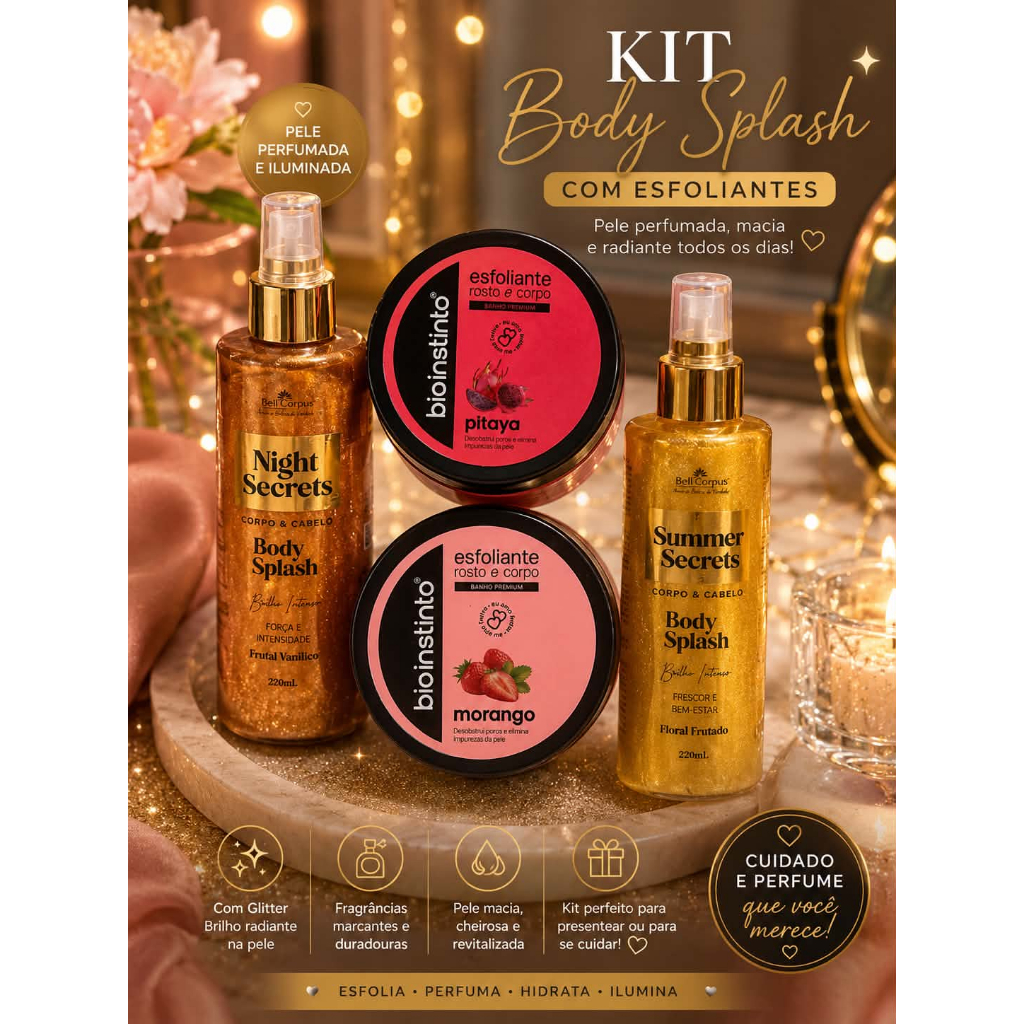 Kit Body Splash com Glitter 220ml + Esfoliante Corporal 180g Morango ou Pitaya ✨ Hidratação e Perfume