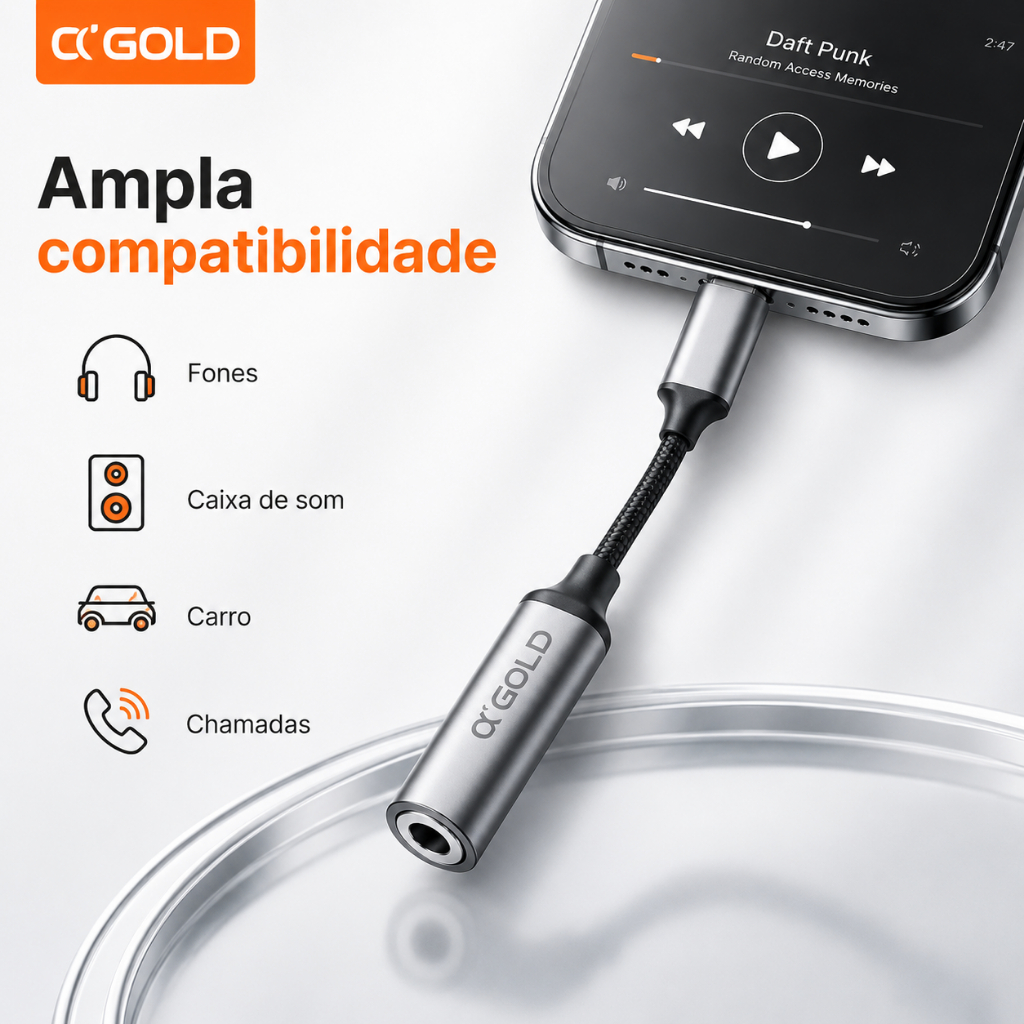 Adaptador A'Gold de Lightning para Fones 3.5mm | CBA-12 - Uso em Apple