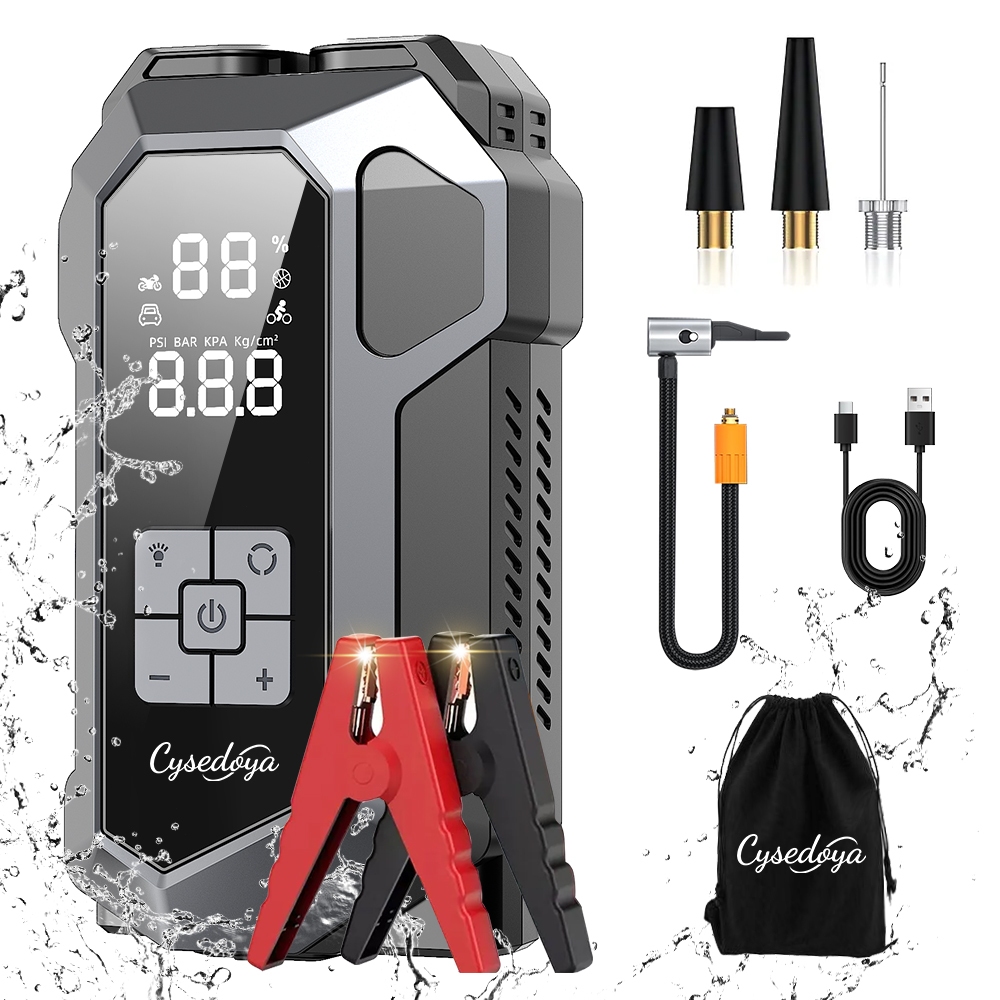 5 em 1 Auxiliar de Partida Portátil 26800mAh com Compressor de Ar, Carregador de Bateria para Carro e Lanterna LED SOS