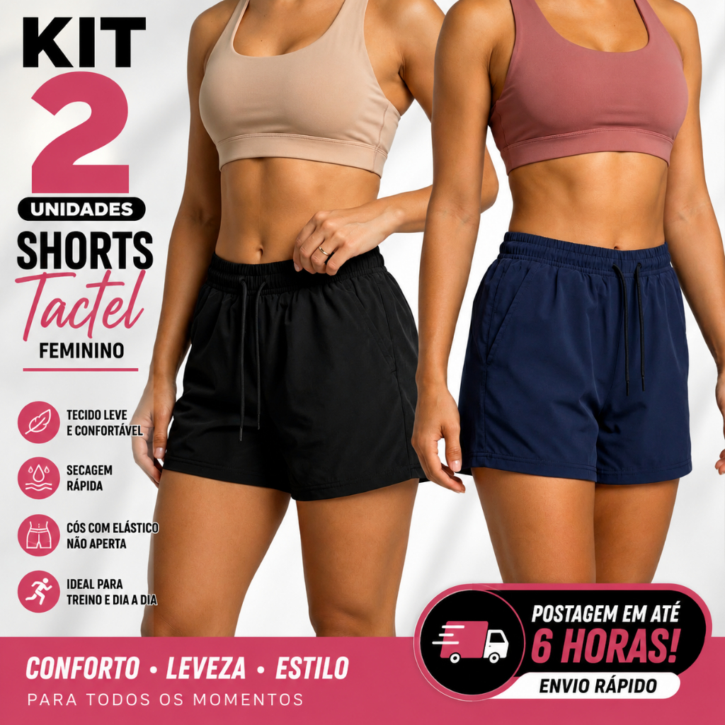 Kit 2 shorts Tactel Elastano Feminino Saída de praia Short de Academia Moda Verão Ultra Leve