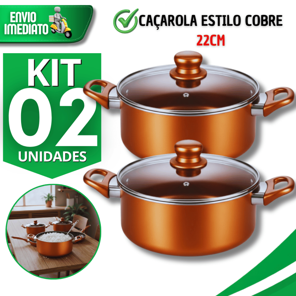 Jogo Caçarolas Estilo Cobre 22Cm Antiaderente Tampa  Vidro Panelas Multiuso Menos Óleo Utilidades