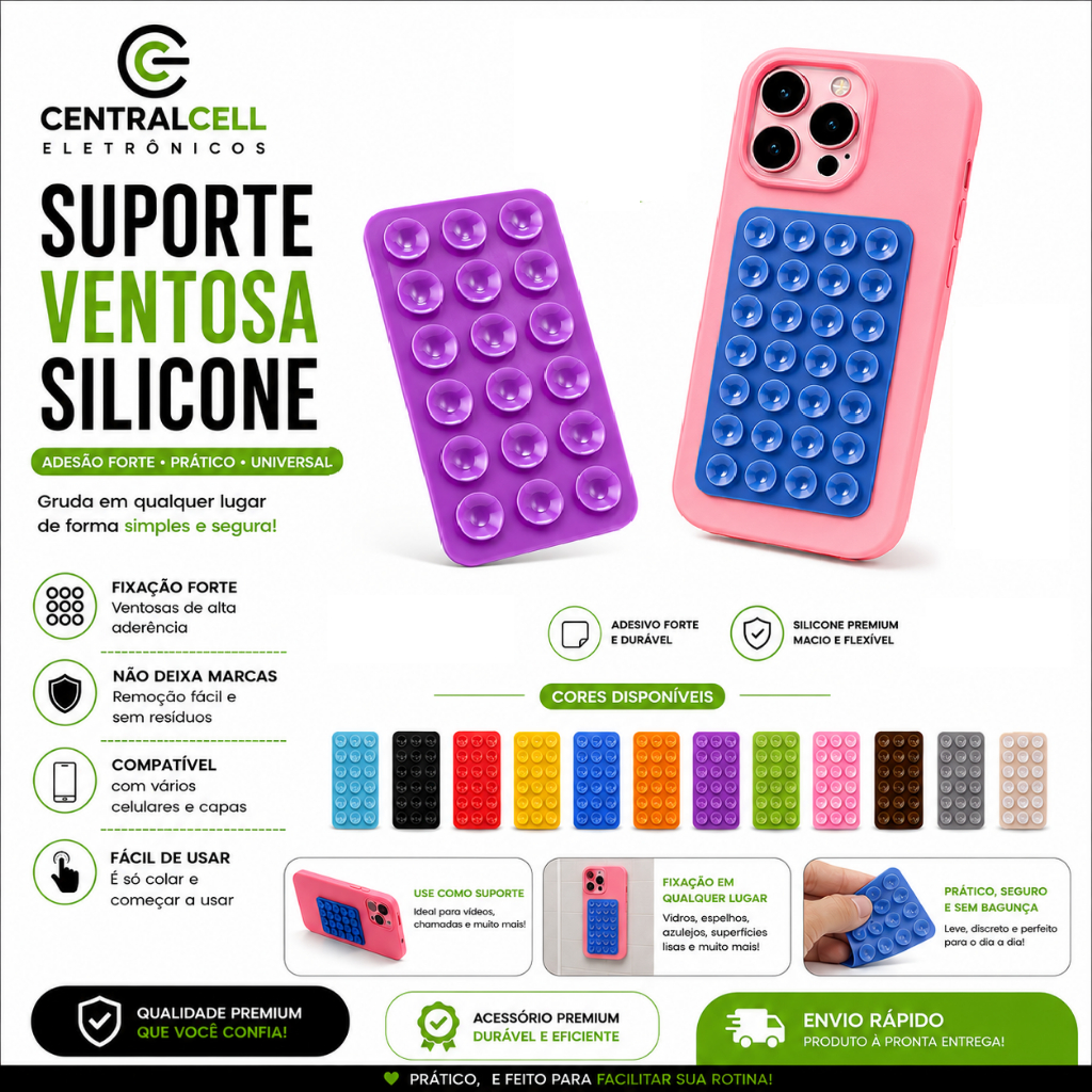 Suporte Celular Ventosa + Fita Adesiva Silicone Universal Fixação Forte Espelho Vidro Gravar Vídeos