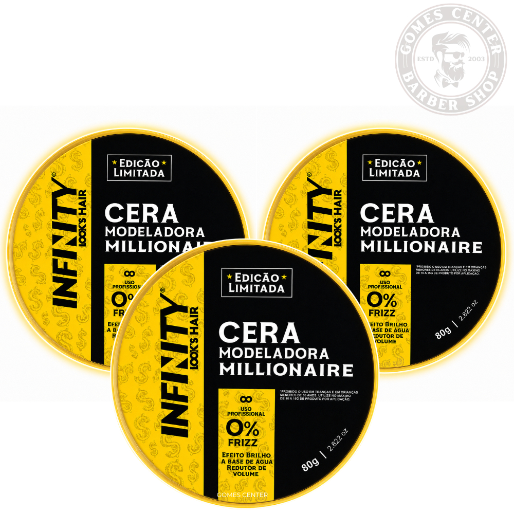 Kit 3x Pomada Cera Modeladora Millionaire Infinity For Men 80g - 0% Frizz Efeito Brilho Redutor de Volume Fox