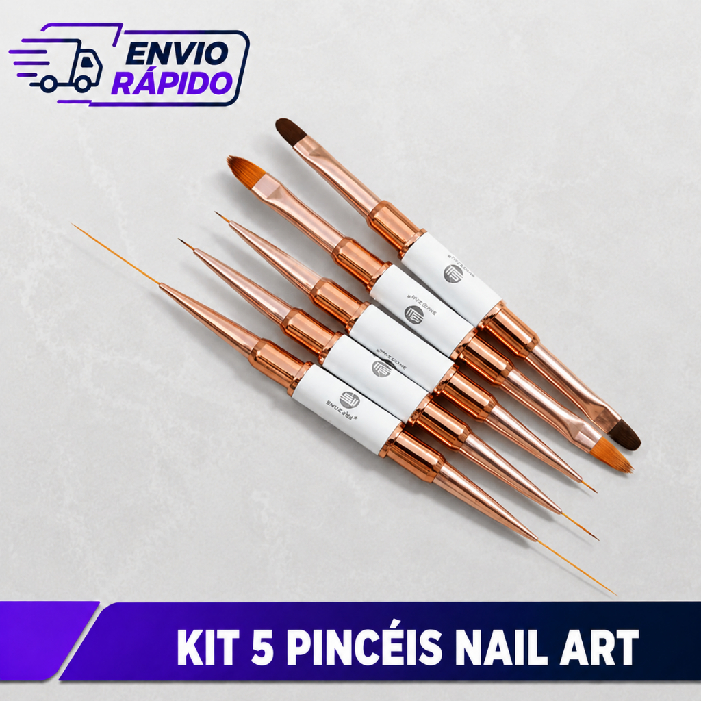 Kit 5 Pincéis Dupla Ponta 2 em 1 para Nail Art Profissional – Unhas em Gel, Polygel e Decoração