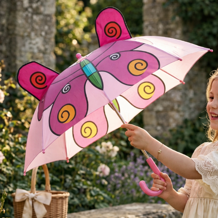 Guarda Chuva Sombrinha Facinato com Apito Infantil Criança Menina Desenho Bichinhos Borboleta Rosa