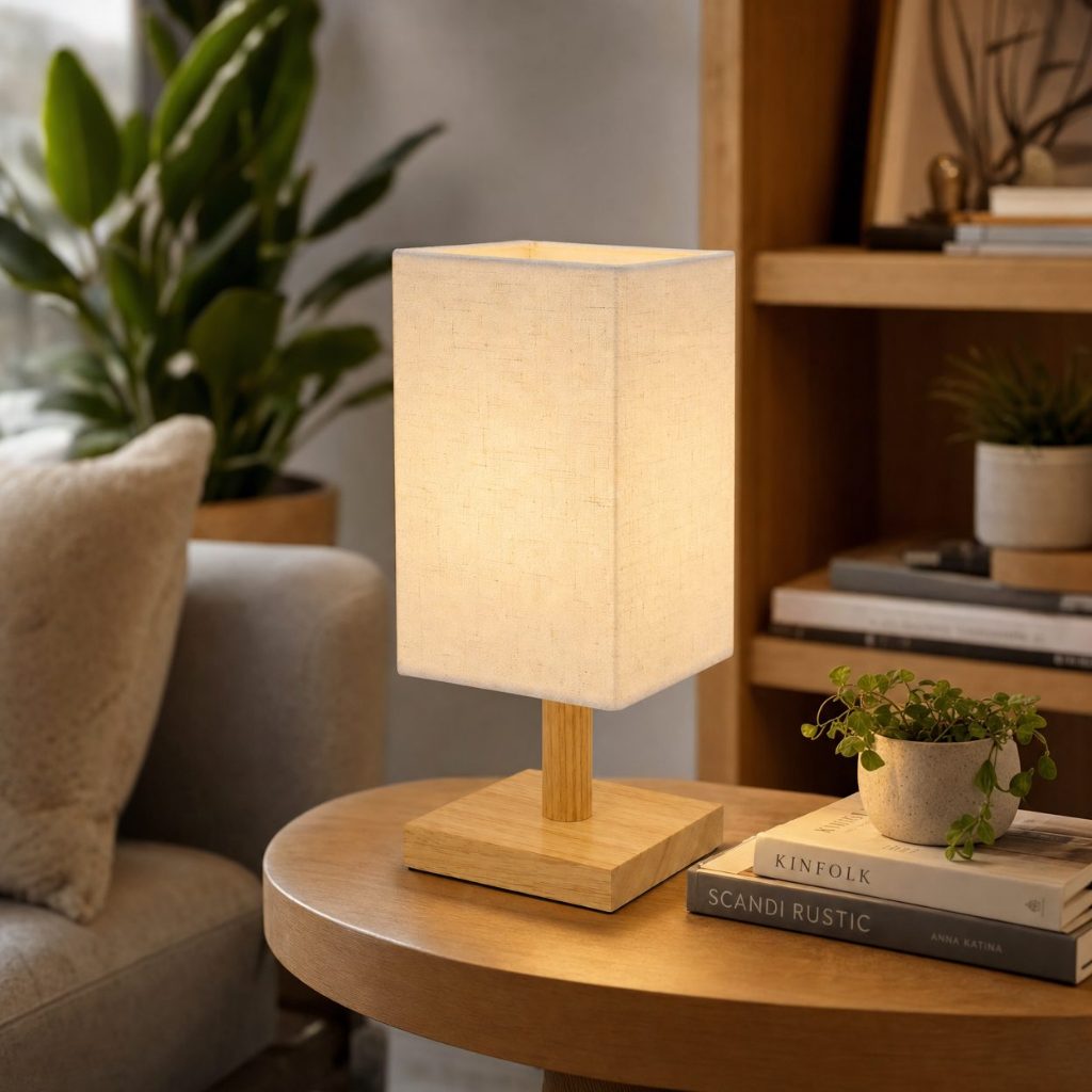 Luminária Abajur - LED USB Bivolt - De Mesa - Em Madeira - Luz Quente - Quarto Sala e Escritório