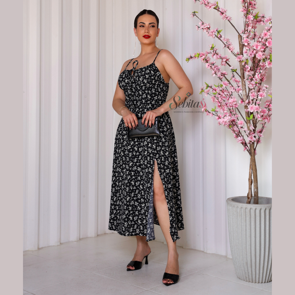 Vestido Floral Romântico Feminino Floral Com Fenda Lateral tem Bojo e Forro