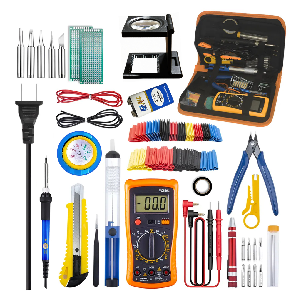 Kit Ferramentas Eletro Eletrônica Profissional：Solda Ferro + Solda E Sugador + Multimetro + Lupa 127V/220V