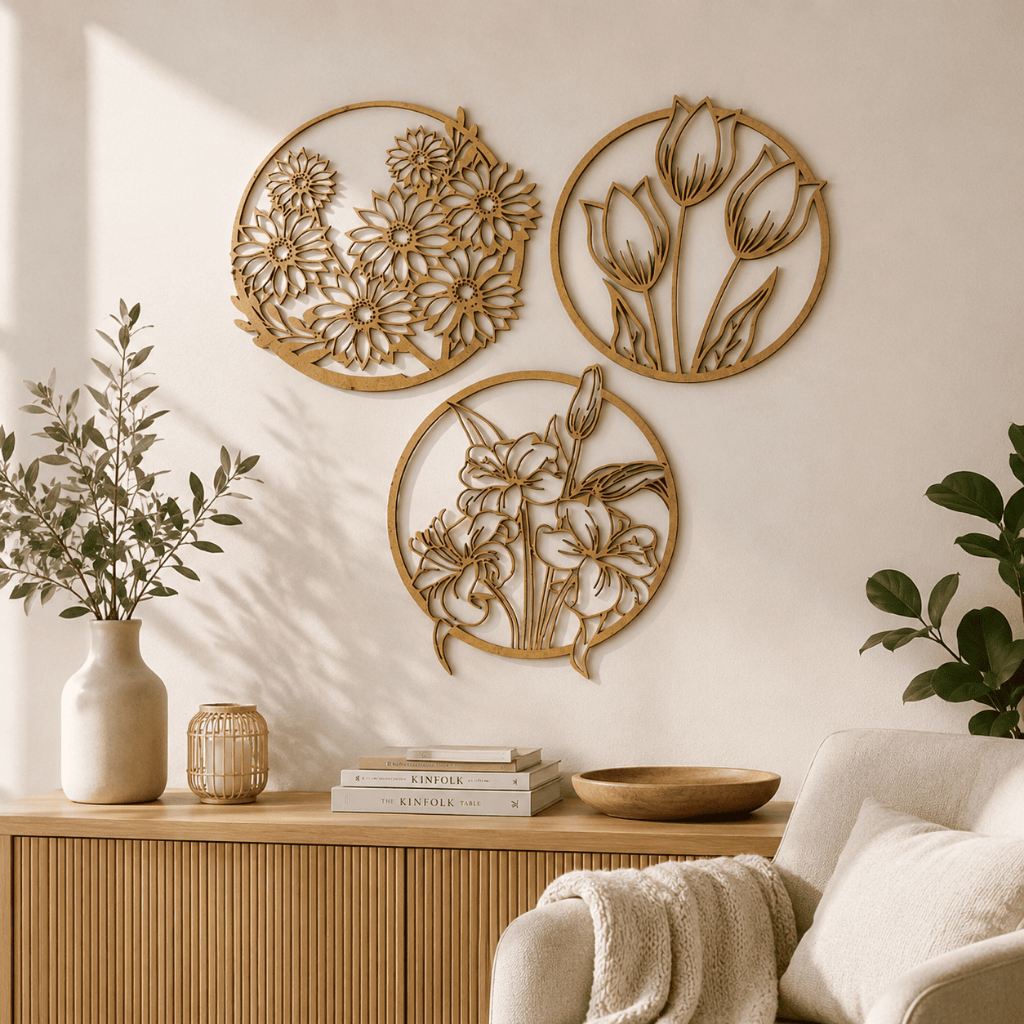Imagem Kit 3 Painéis Mandala Flores Decorativas em Mdf 3mm Vazado Quadros Parede 30 cm
