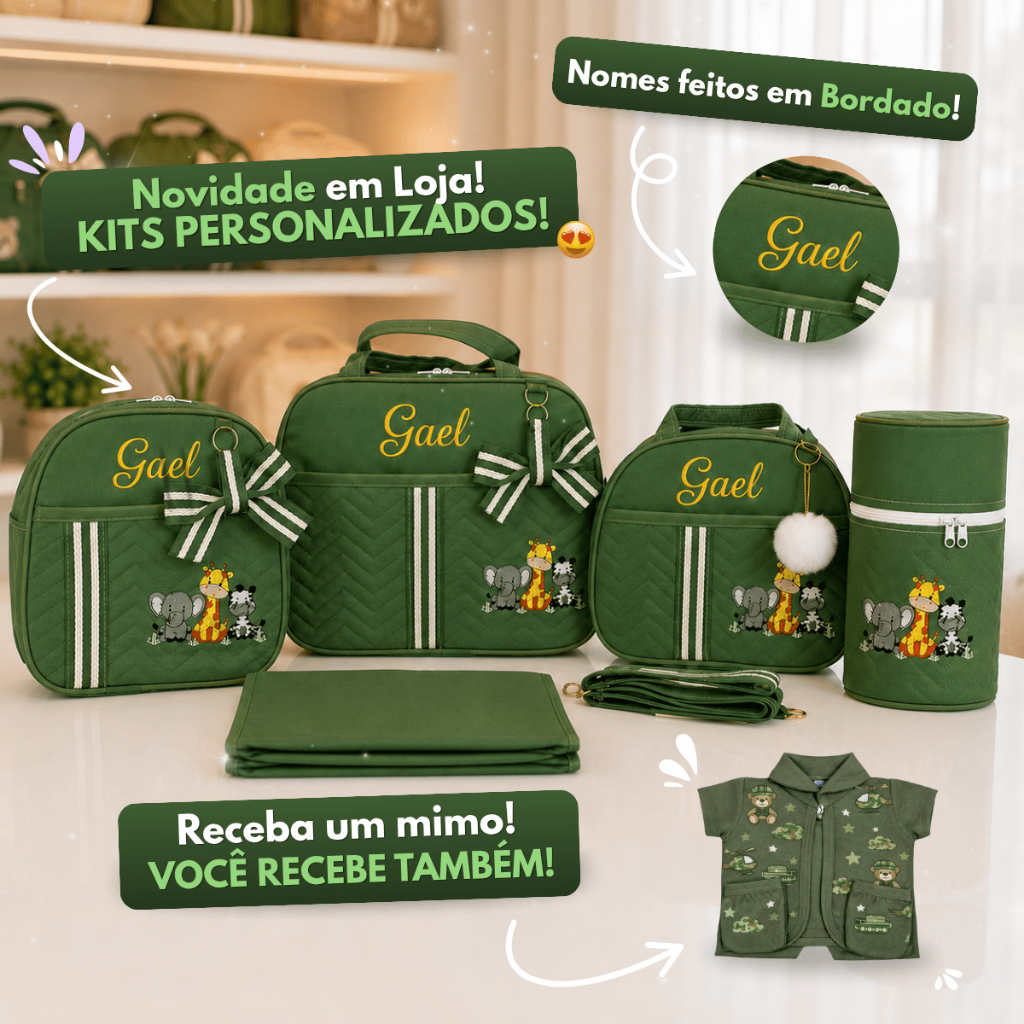 Kit Bolsa Maternidade Personalizado com Nome do Bebê Safári completo com 5 peças