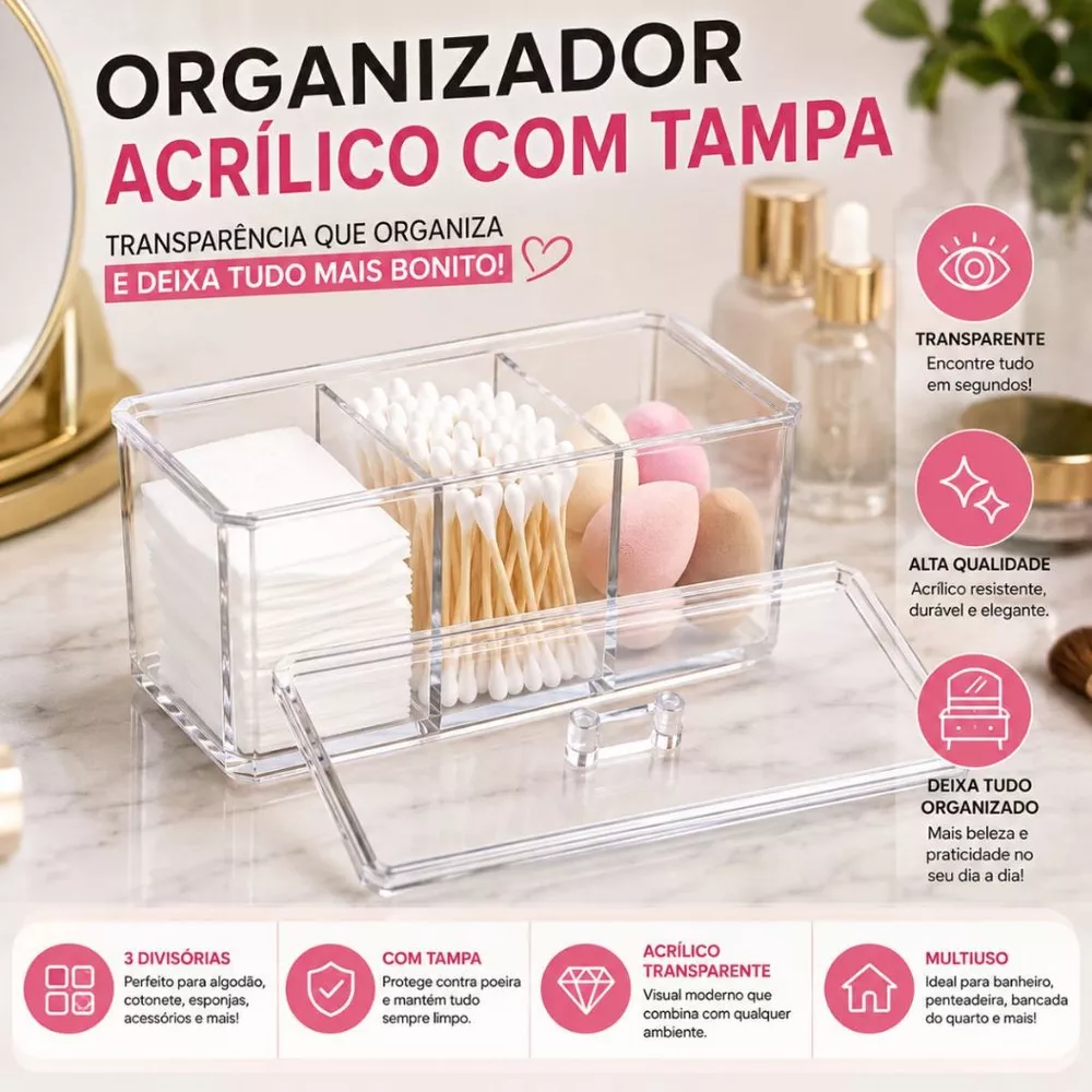 Organizador De Maquiagem Porta Algodão Cotonete Acrílico Organizador Cosmético Maquiagem