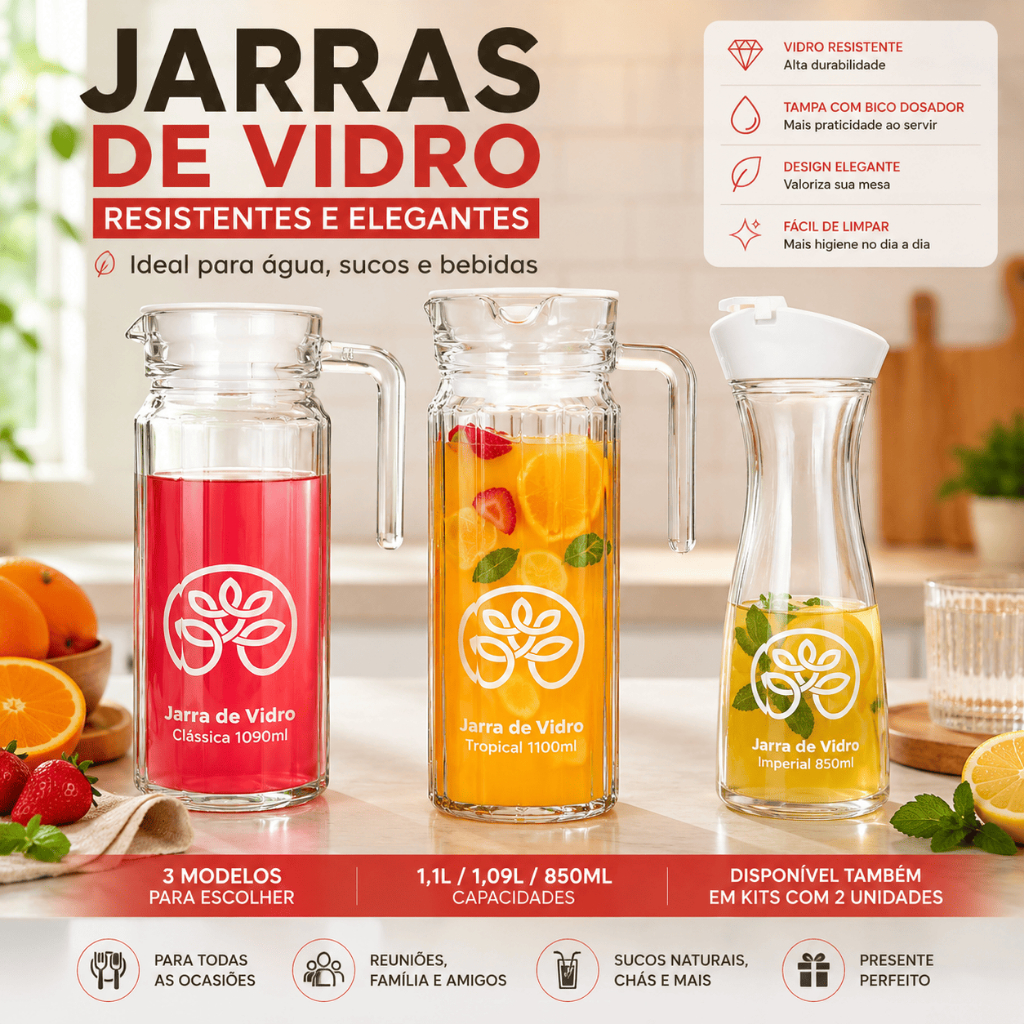 Jarras de Vidro Resistentes Suiça 1 Litro ou 880ml com Tampa e Alça para Suco Água Chá Bebida