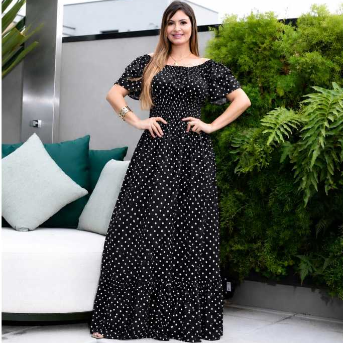 Vestido Longo Luxo Femenino com manga ciganinha luxo  de ombro a ombro com lastex na cintura