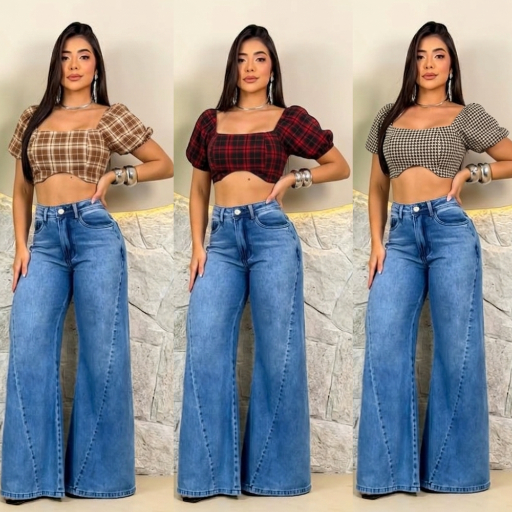 Cropped Femenino Xadrez Manga Bufante Tecido Alfaiateria Estilo Gringa Tendência