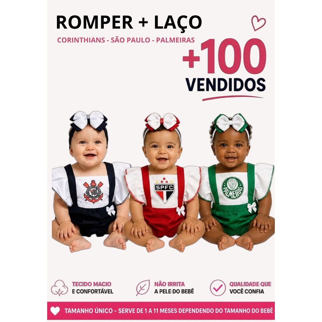Romper Bebê Menina Time Futebol + Laço | Corinthians São Paulo Palmeiras | Body Mesversário