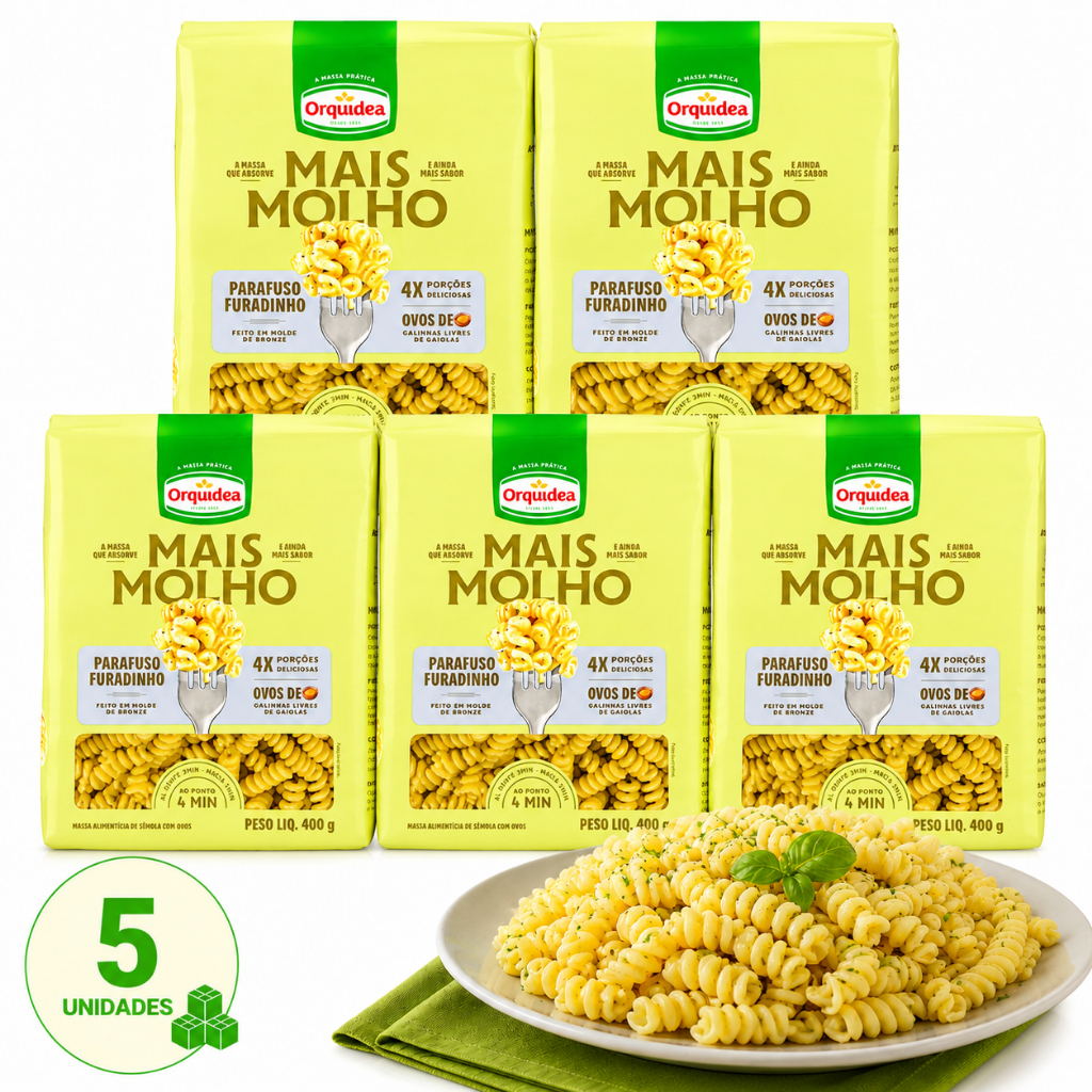 Kit 5 Macarrão Parafuso Furadinho Orquídea 400g Com Ovos Mais Molho