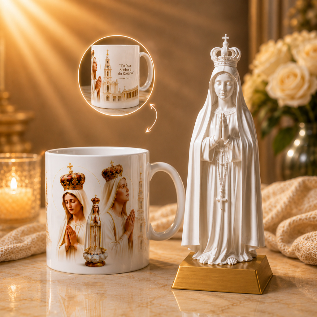 Nossa Senhora de Fátima Premium Luxo Decorativa + Caneca Católica Personalizada | Presente Religioso de Fé e Proteção