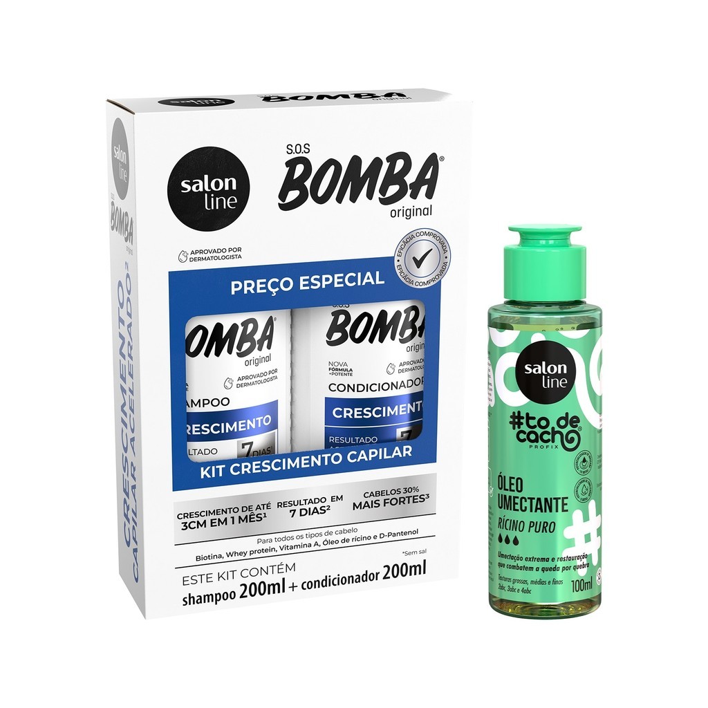 Kit SOS Bomba Original 200ml + Óleo de Umectação #todecacho Rícino Puro Salon Line