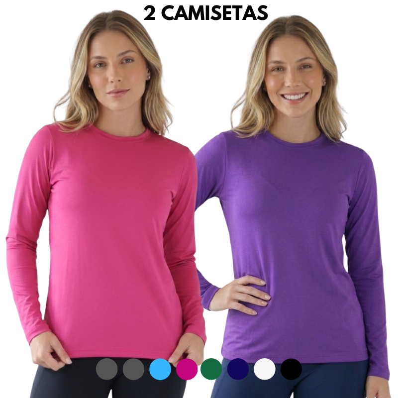 Kit 2 Camisetas Feminina Térmica Manga Longa Proteção Solar Uv 50+ Praia Academia Treino Fitnes