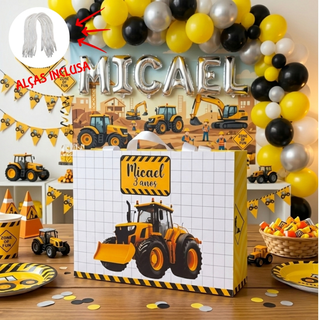 ENVIO RAPIDO Kit Sacolinhas G + Adesivos TRATOR AMARELO Personalizada Lembrancinhas Infantil Aniversário