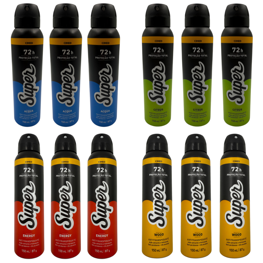 Desodorante Antitranspirante Kit Cimed Super 150ml Masculino em Spray Acqua Citrus Energy Wood