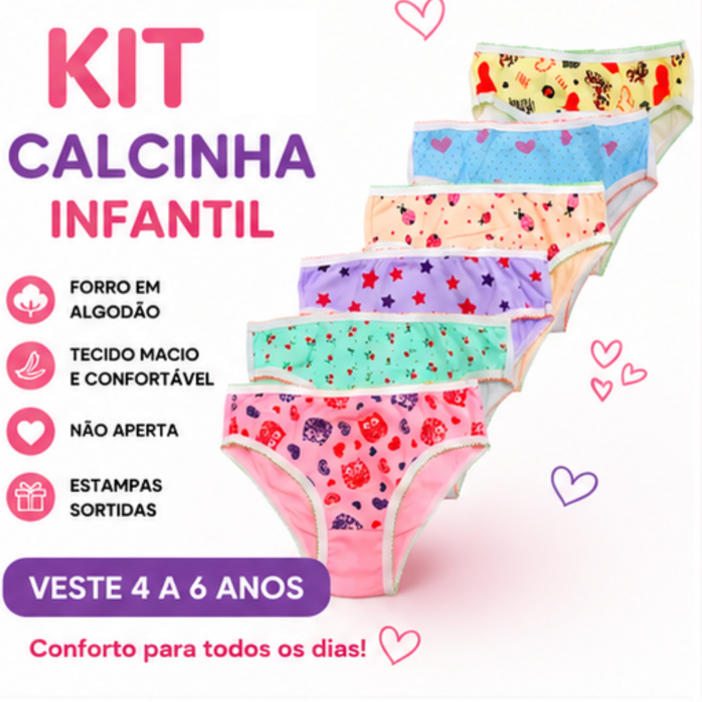 KIT 3, 6 e 9 Calcinha Feminina Tanga Infantil Juvenil Algodão Macio Ajuste Perfeito Cores Estampas Sortidas