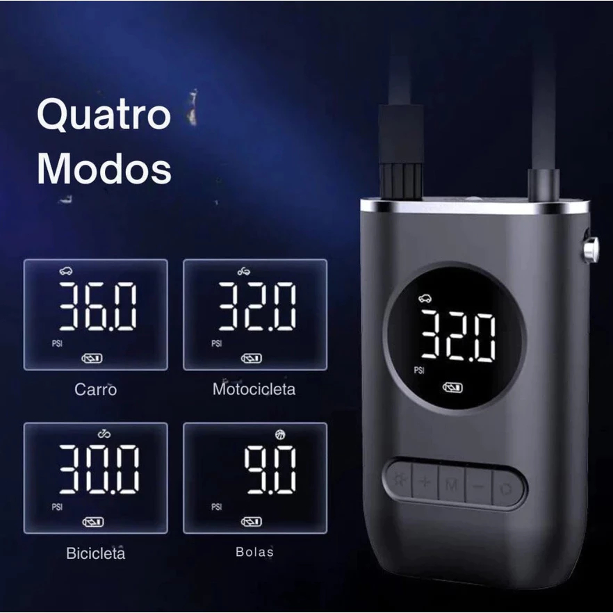 Compressor de Ar Automotivo Portátil Bateria 4000mAh Inflador Rápido