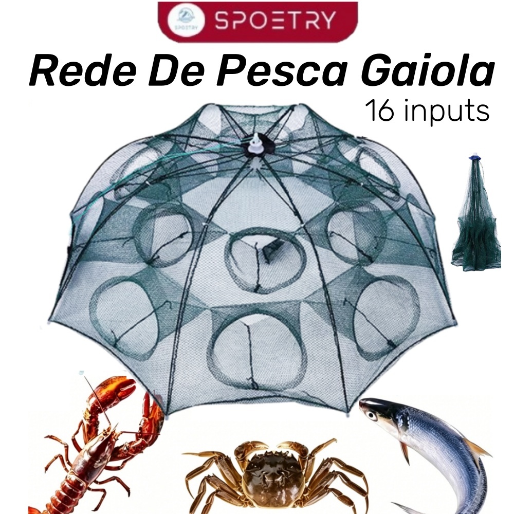 Rede De Pesca Covo Armadilha Dobrável Covo Foldable Net com 16 entradas Retrátil Guarda Chuva Isca Viva Lambari Camarão