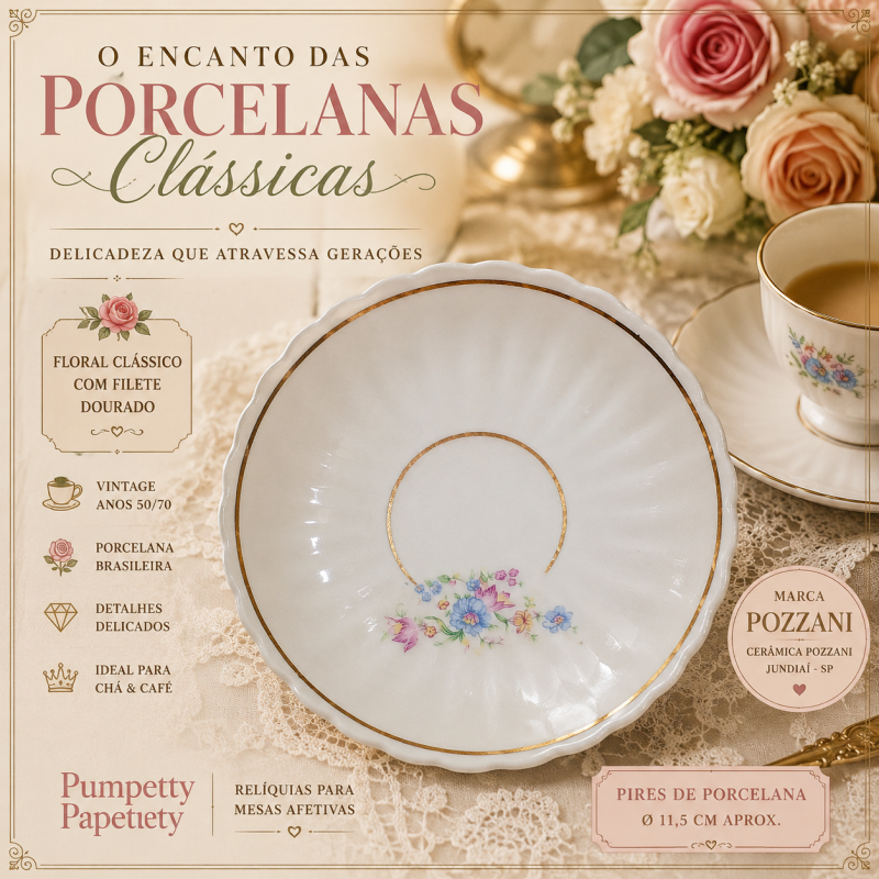 Pires de Porcelana Pozzani Canelado com Filete Dourado | Floral Vintage Anos 50/70