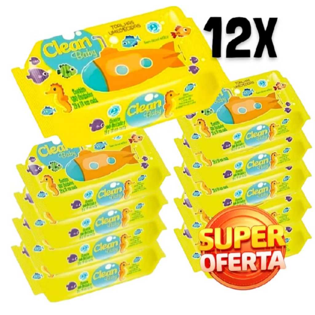 Caixa Com 12 Pacotes Toalhas Umedecidas Clean Baby 100 Folhas Bebê Limpeza Suave