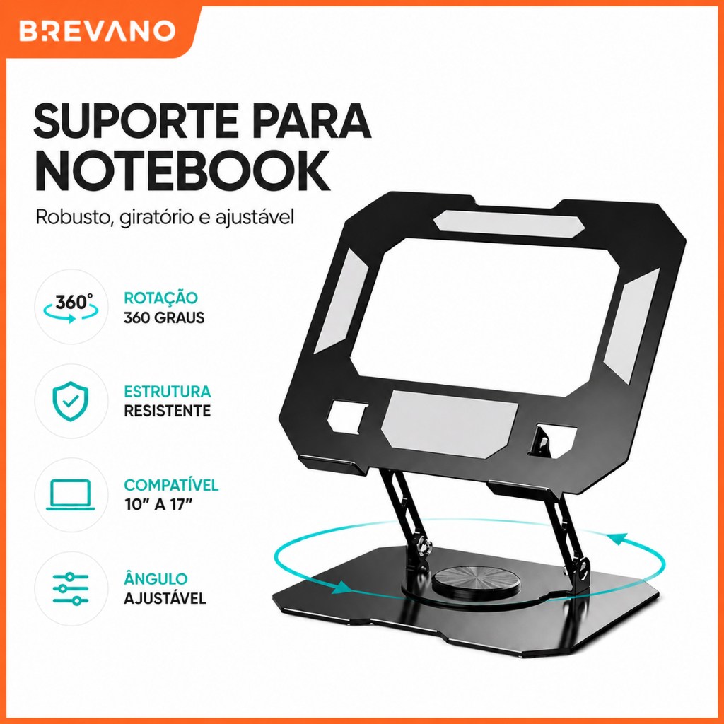 Suporte de Metal Para Notebook de Até 17" com Giratória de 360° Ajustável Resistente
