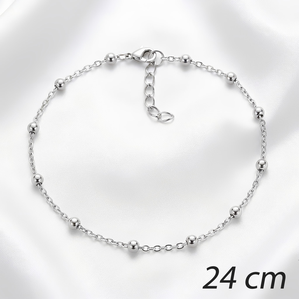 INOX - Tornozeleira em Aço Inox na Cor Prata - Corrente de Bolinhas - 24 cm + Extensor