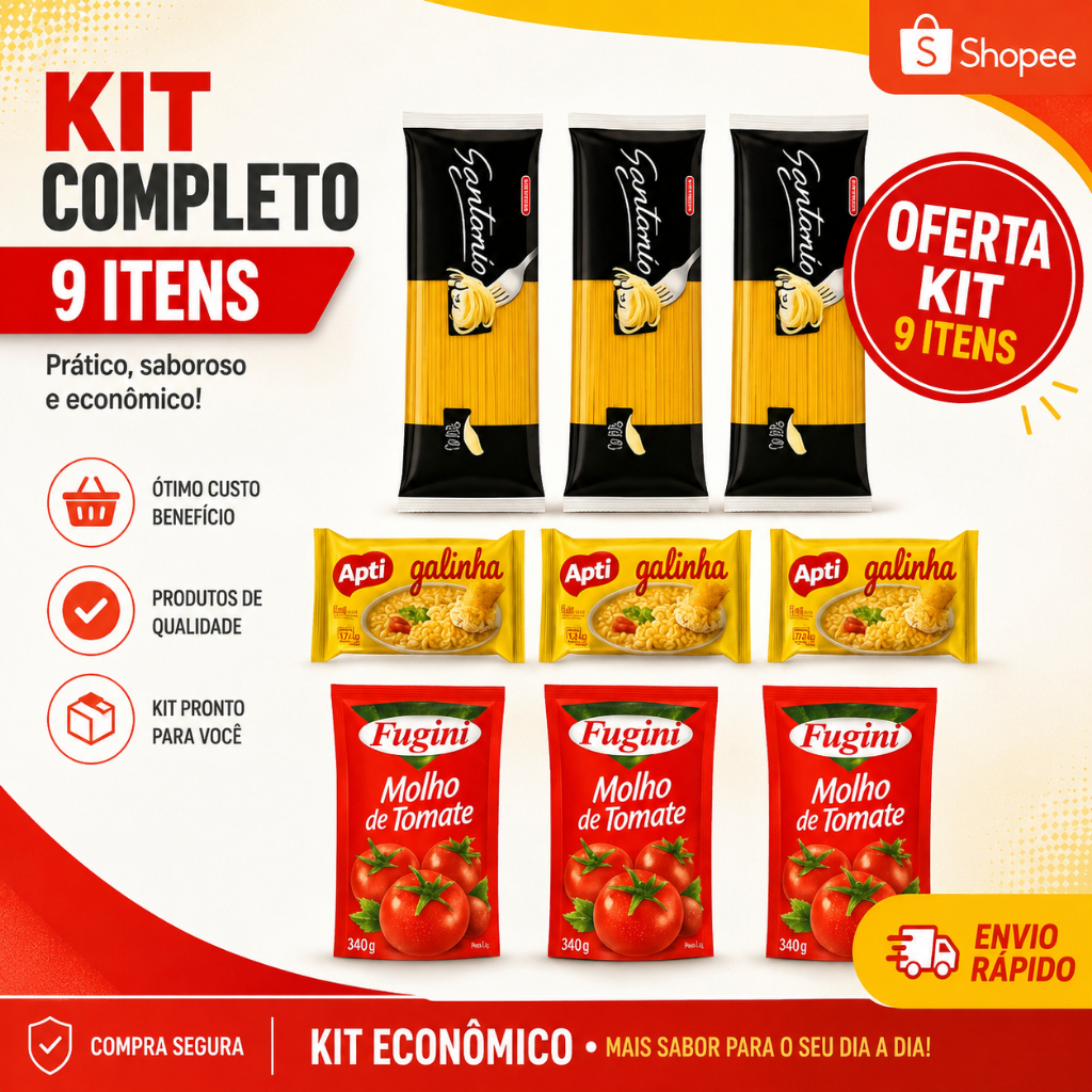 Kit Massas Completo 9 Itens | 3 Macarrões Espaguete + 3 Miojos Instantâneos + 3 Molhos de Tomate